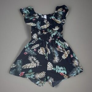 Lilian Plus 0X Tropical Leaf Off Shoulder Romper Black Boho Vacation